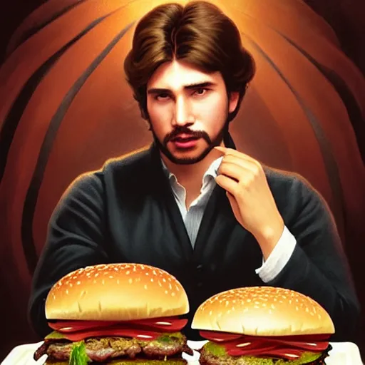 Prompt: portrait of Hans Solo eating a giant hamburger , extra onions and ketchup, luscious patty with sesame seeds, ketchup flying everywhere, feminine ethereal, handsome, D&D, fantasy, intricate, elegant, highly detailed, digital painting, artstation, concept art, matte, sharp focus, illustration, art by Artgerm and Greg Rutkowski and Alphonse Mucha