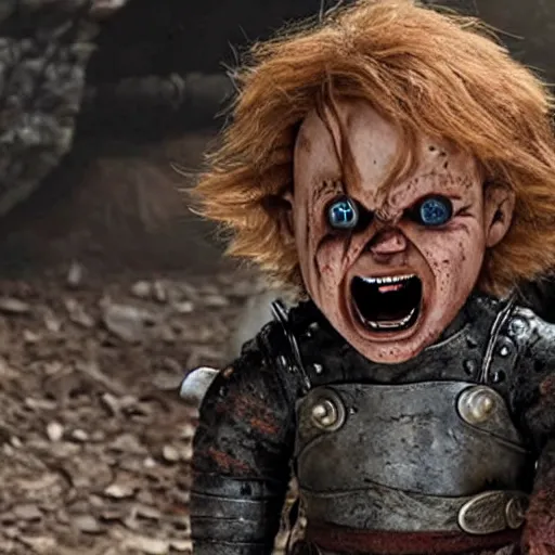 Image similar to chucky doll screaming while fighting the mountain in game of thrones
