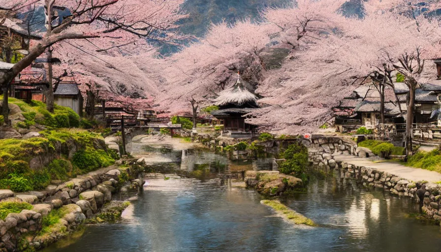 Image similar to japanese village with river, cherry blossoms, rustic houses, manga, hyperdetailed, artstation, cgsociety, 8 k