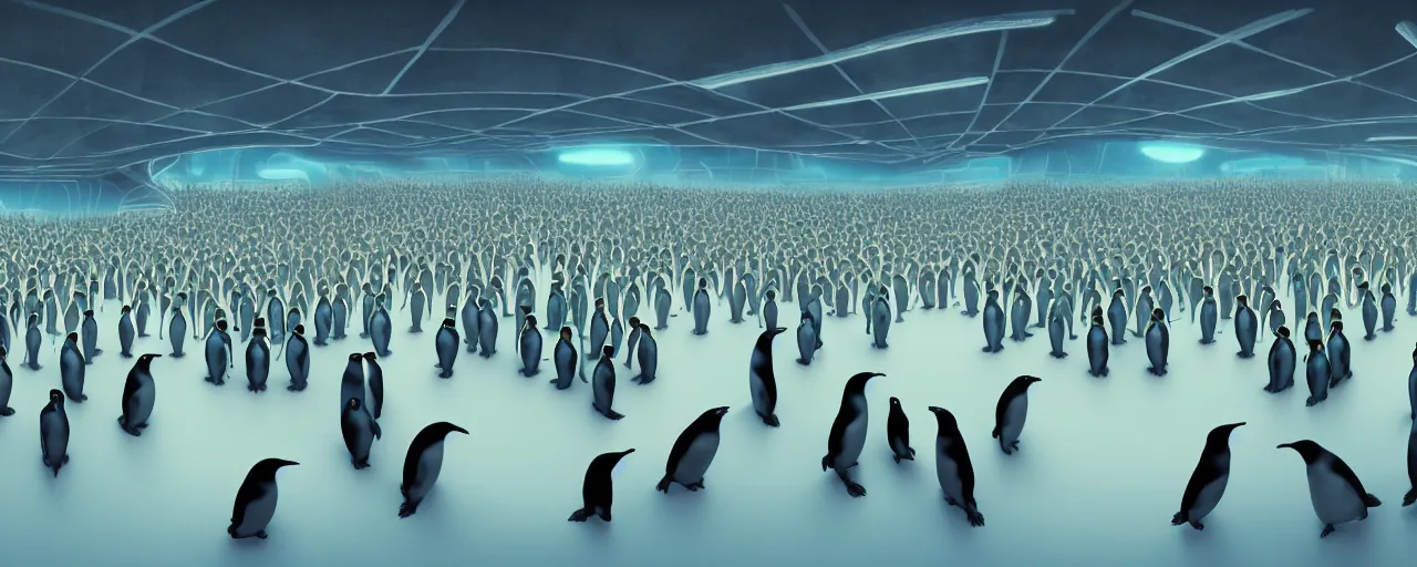 Image similar to duotone concept illustration wide angle of many emperor penguins in scifi computers room. cinematic scene. volumetric lighting. golden ratio accidental renaissance. by sachin teng and sergey kolesov and ruan jia and heng z. graffiti art, scifi, fantasy, hyper detailed. octane render. concept art. trending on artstation