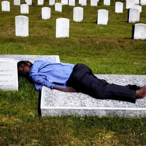 Image similar to a man sleeping on top of his future grave