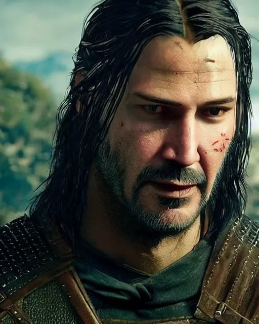 Prompt: Keanu Reevez in the role of Witcher III Gerald of Rivia, amazing short, 8K, IMAX, ultra detailed