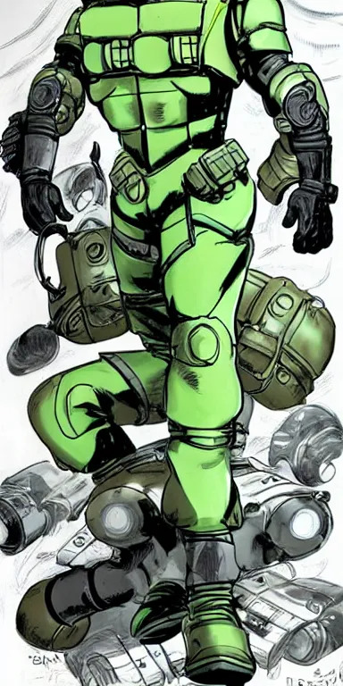 Image similar to time traveling intelligence agent in a sealed continuity suit, simple and functional with gaiter-style gas mask, resembling splinter cell + metal gear solid by Joe Madureira