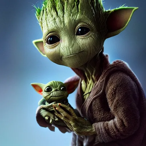 Prompt: photo realistic image of a baby groot hold baby yoda, stunning 3 d render inspired art by istvan sandorfi and greg rutkowski, perfect facial symmetry, realistic, highly detailed attributes and atmosphere, dim volumetric cinematic lighting,