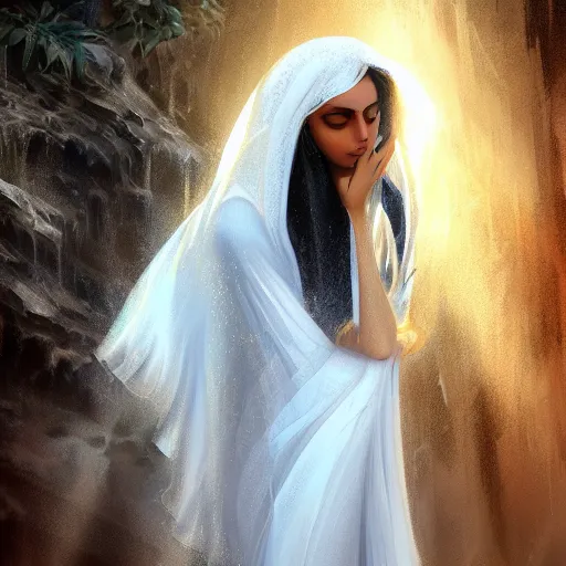 Image similar to beautiful Arab woman, white transparent veil black hair, bathing in a waterfall, ethereal, emotive, fine art, water mist, mystical, Romanticism, golden light digital painting, artstation, concept art