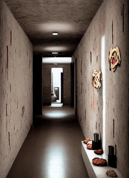Prompt: hallway with eyes and meat and bone walls, anime inspirated