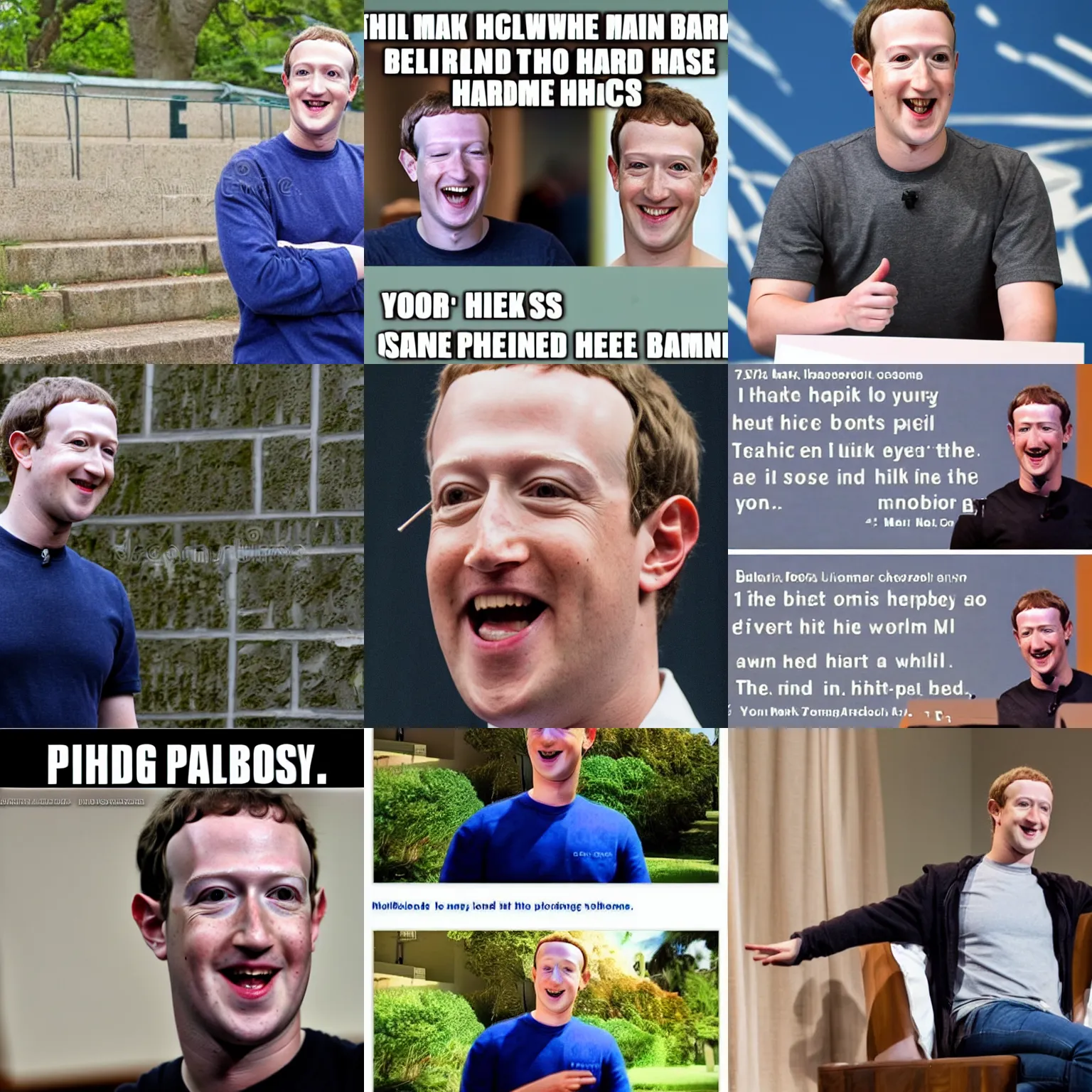 Prompt: mark zuckerberg cosplaying as hide the pain harold internet meme, stock photo