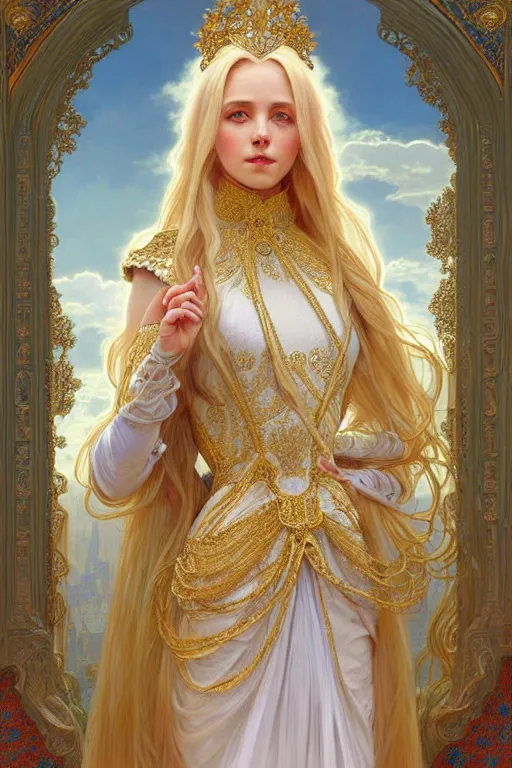 Image similar to portrait of a humanoid princess with long blonde hair, standing next to a beautiful view, ornate white officers outfit with gold embellishments, intricate, elegant, highly detailed, oil painting, illustration, art by artgerm and greg rutkowski and alphonse mucha, 8 k