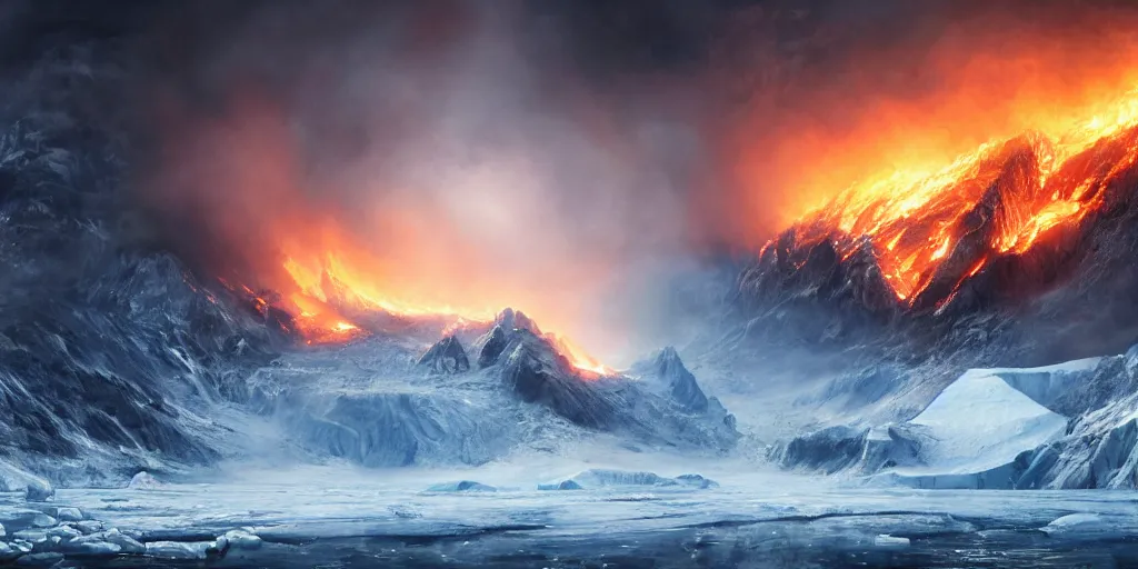 Prompt: alaskan glacier on fire, dim volumetric lighting, 8 k octane beautifully detailed render, post - processing, extremely hyper - detailed, intricate, epic composition, cinematic lighting, masterpiece, trending on artstation, detailed detailed detailed, masterpiece, stunning art by anders zorn, wonderful masterpiece by greg rutkowski, beautiful cinematic light