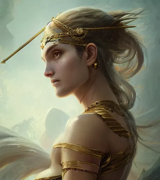 Prompt: aphrodite goddess wearing an arrow on her head, beautiful face, digital illustration, in the style of greg rutkowski, fantasy, amazing detail, epic, intricate, elegant, smooth, sharp focus