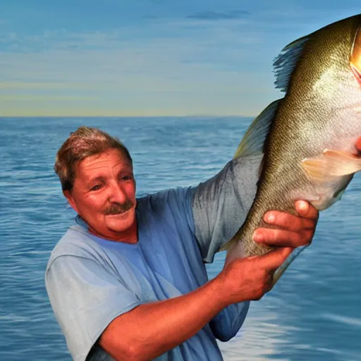 Prompt: a fisherman who just caught a very nice fish, hyperrealistic photograph