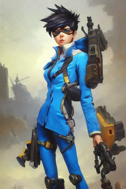 Prompt: oil painting of tracer overwatch in a dystopian city wearing blue uniform, in style of ivan aivazovsky, expressive face, detailed face, detailed eyes, full body, feminine face, tracer overwatch,