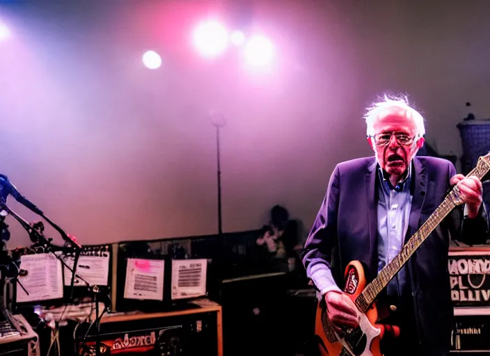 Image similar to publicity photo still of bernie sanders in a punk band playing live on stage, 8 k, live concert lighting, mid shot