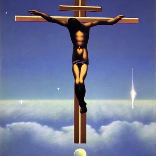 Prompt: very very very beautiful painting of jesus christ being crucified on a laser cross in outer space, painted by rene magritte