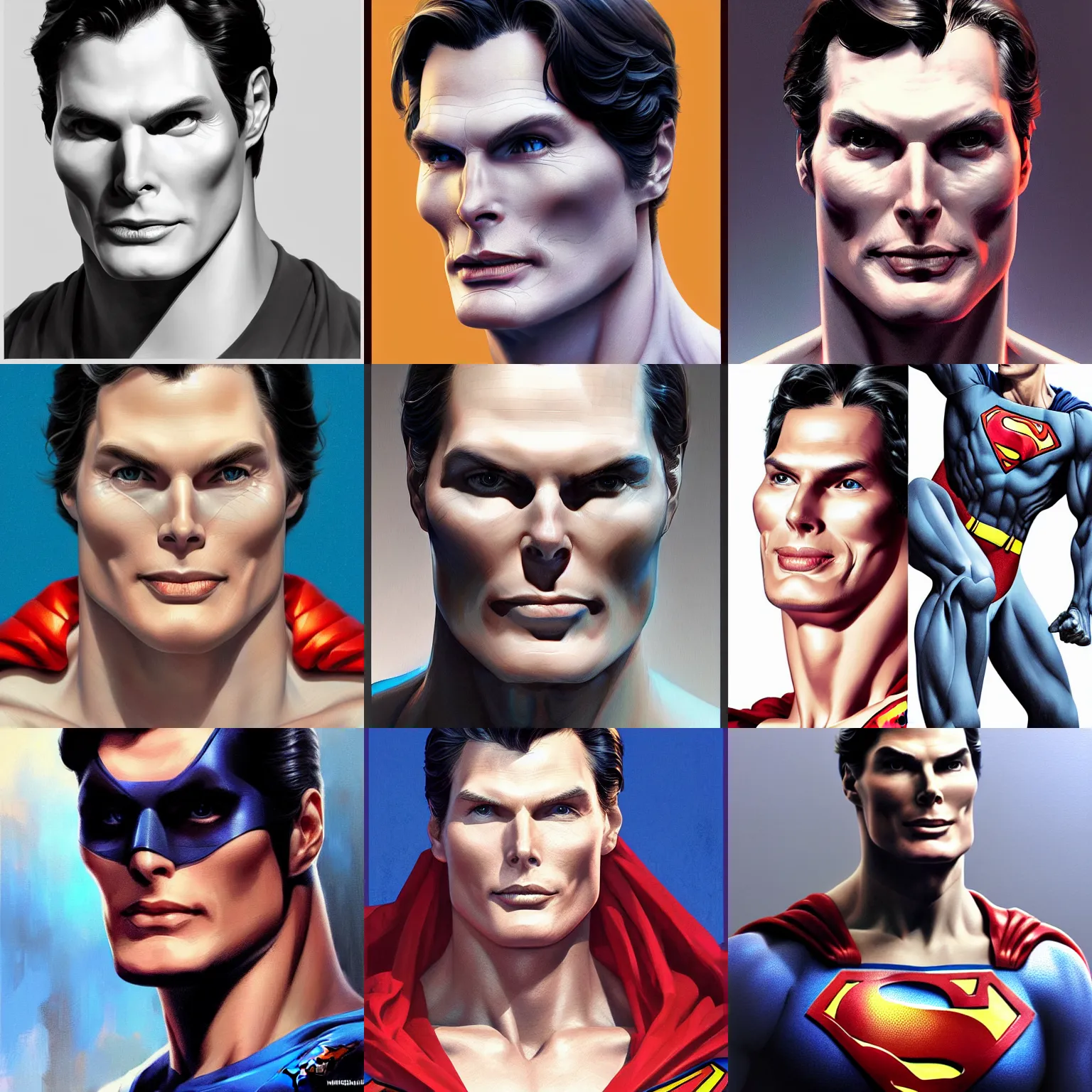 Prompt: Christopher reeve!!! damaged skin exposed endoskeleton , superman costume, realistic shaded perfect face, fine details. not anime. Realistic shaded lighting poster by Ilya Kuvshinov katsuhiro, magali villeneuve, artgerm, Jeremy Lipkin and Michael Garmash, Rob Rey and Kentarõ Miura style, trending on art station