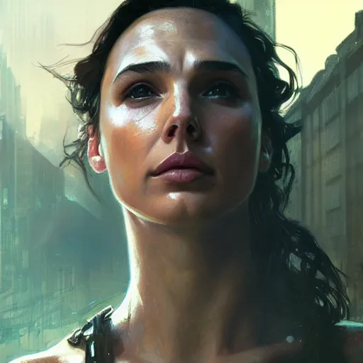 Image similar to gal gadot, hyperrealistic portrait, bladerunner street, art of elysium by jeremy mann and alphonse mucha, fantasy art, photo realistic, dynamic lighting, artstation, poster, volumetric lighting, very detailed face, 4 k, award winning