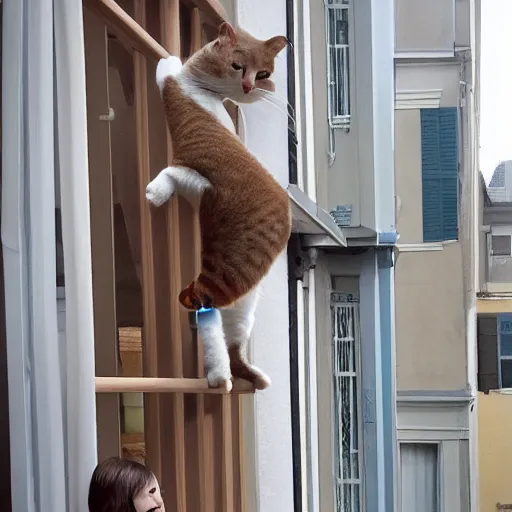 Prompt: a white brown cat preventing a little girl from climbing over a balcony