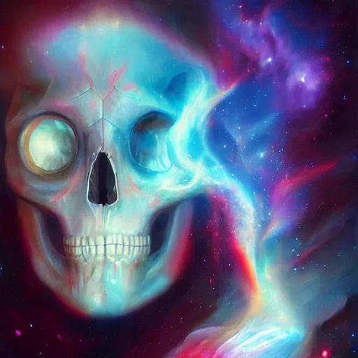 Prompt: the flow of the nebula universe is what forms the ancient preist skull, by ross tran, oil on canvas