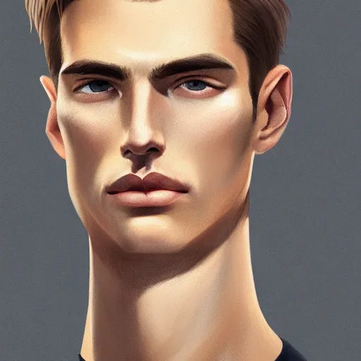 Image similar to tall man in his twenties with brown blond short quiff hair and thin slightly round facial structure with cleft chin, straight eyebrows and prominent nose, good definition of cheekbones, big hazel nut brown eyes, narrow face, slim body, atmospheric lighting, painted, intricate, 4 k, highly detailed by charlie bowater