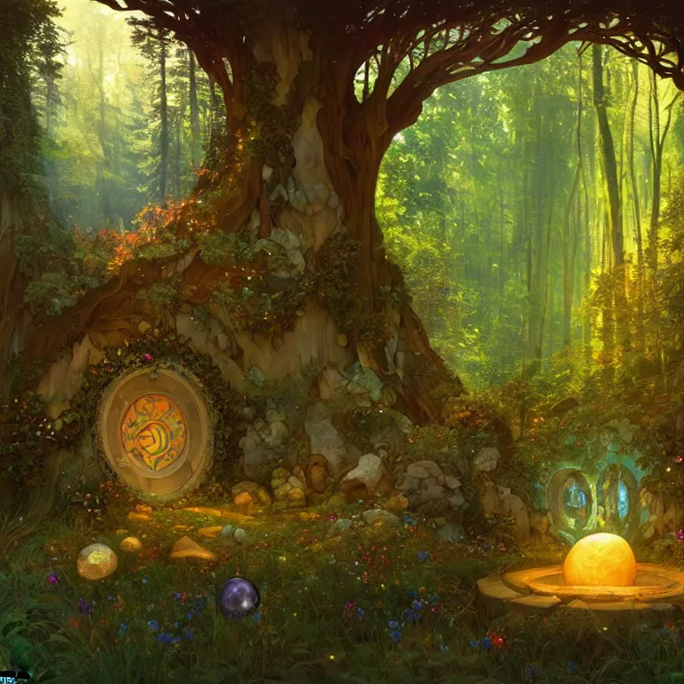 Image similar to Fantasy Magical fairy-tale glowing stone portal in the forest. Round stone portal teleport in trees to other worlds. Fantastic landscape. Magic Altar in the fores, highly detailed, digital painting, artstation, concept art, smooth, sharp focus, illustration, art by alphonse mucha