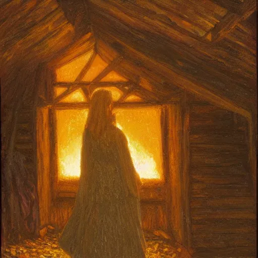 Prompt: a mysterious woman standing in front of a burning stone house with a wooden roof. Nighttime, embers everywhere, backlit, in the style of Donato Giancola