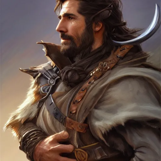 Image similar to portrait of a young, ruggedly handsome swordsman with a corgi head, soft hair, muscular, half body, leather, hairy, d & d, fantasy, intricate, elegant, highly detailed, digital painting, artstation, concept art, smooth, sharp focus, illustration, art by artgerm and greg rutkowski and alphonse mucha