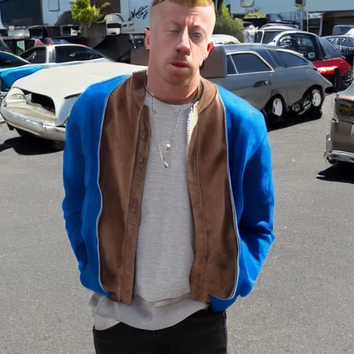 Prompt: Macklemore looking exasperated at Goodwill