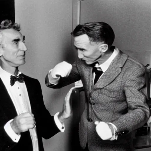 Image similar to bill nye the science guy punching Robert Oppenheimer