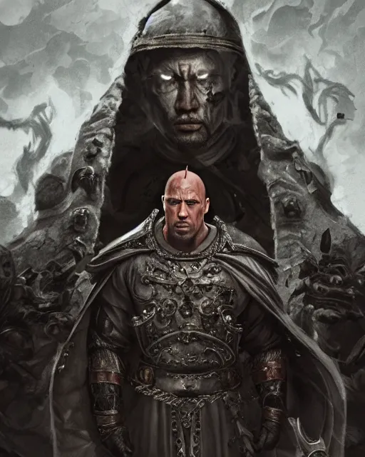 Image similar to dwayne johnson as the pope, gothic scene, dramatic light, lee ji - eun, illustration, atmosphere, focused, artstation, highly detailed, art by yuhong ding and chengwei pan and serafleur and ina wong