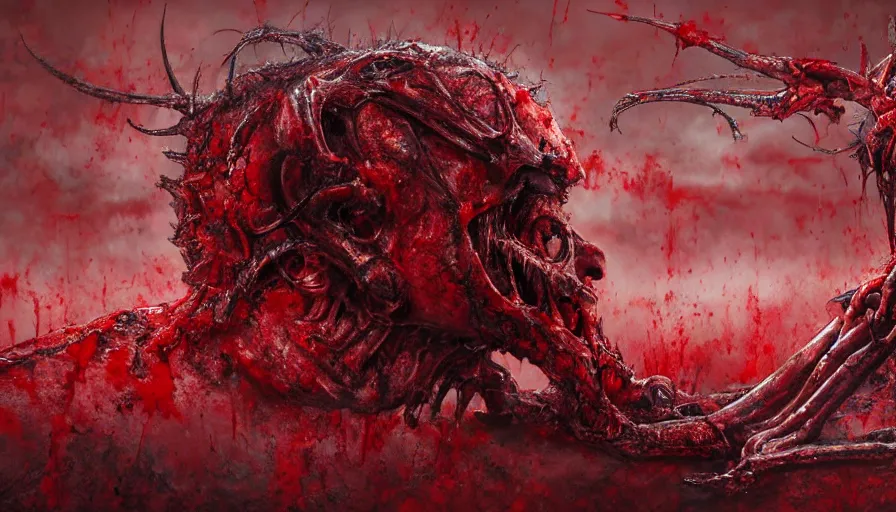 Prompt: two demons embracing each other emerging from corpses in a red hellscape covered in blood by Yoshitaka Amano, by HR Giger, full body wide shot, biomechanical, 4k, hyper detailed, hyperrealism, anime, red sky, blood and body parts, deviantart, artstation