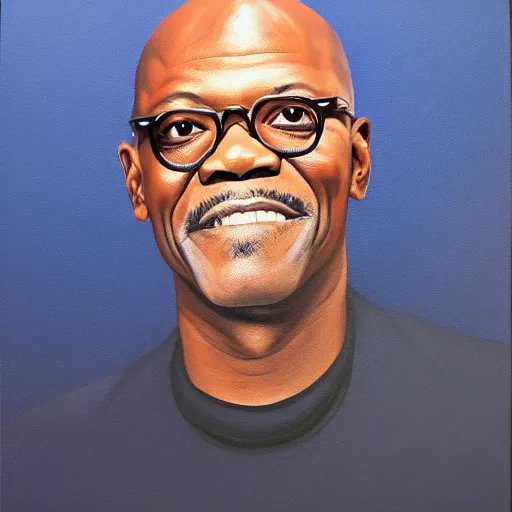 Prompt: A portrait of Samuel Jackson, (((half of his face is a skeleton))), dark blue gradient background, realistic, oil painting