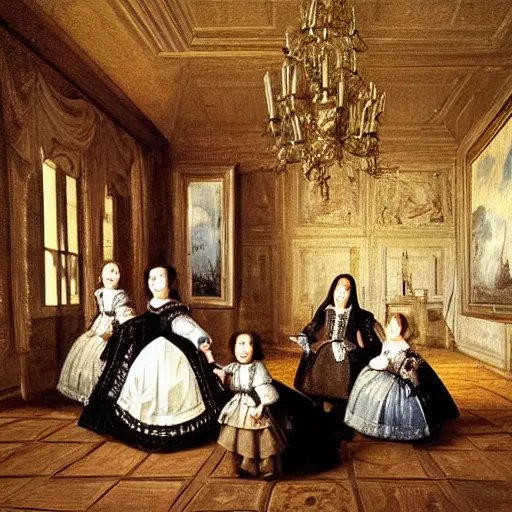 Image similar to extremely detailed oil painting of a family portrait in the main room of the castle painted in 1 6 5 6, dark room, one point of light coming through the window inspired by las meninas, clear spaces between each subject and good detail and realistic eyes, faces for each person, extreme perspective, textured photo - realism, inspired by diego velasquez better quiality