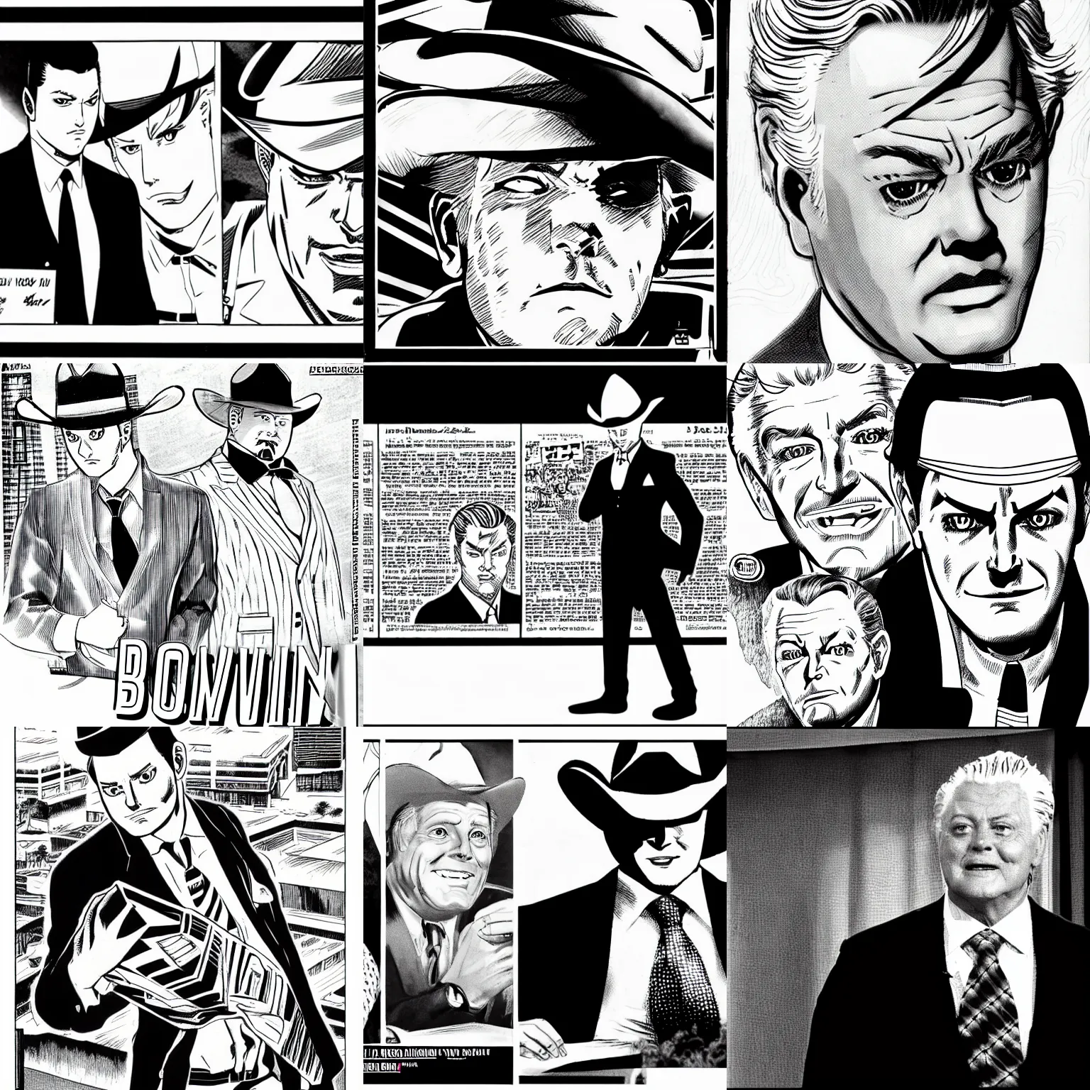 Prompt: jr ewing from dallas, surprised, as a manga panel, black and white, manga scans
