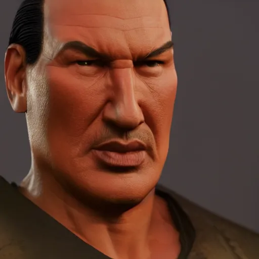 Image similar to hyper realistic, steven seagal from mortal kombat, unreal engine, greg rutkowski, beeple global illumination, translucent, sub - surface scattering,