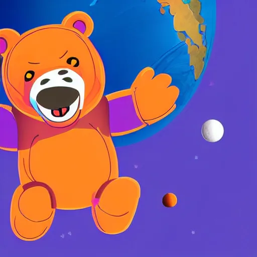 Image similar to cartoon animated illustration of a bear mascot being launched from a futuristic marble planet, purple and orange cloudland