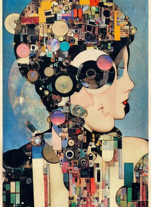 Image similar to cute punk goth fashion fractal mecha blonde girl wearing a television tube helmet and kimono made of circuits and leds, surreal Dada collage by Mimmo Rotella Man Ray Kurt Schwitters Hannah Höch Alphonse Mucha Beeple