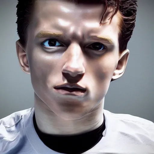 Image similar to “a realistic detailed photo of a guy who is the terminator robot, who is a male android, Tom Holland, shiny skin, posing like a statue, blank stare”