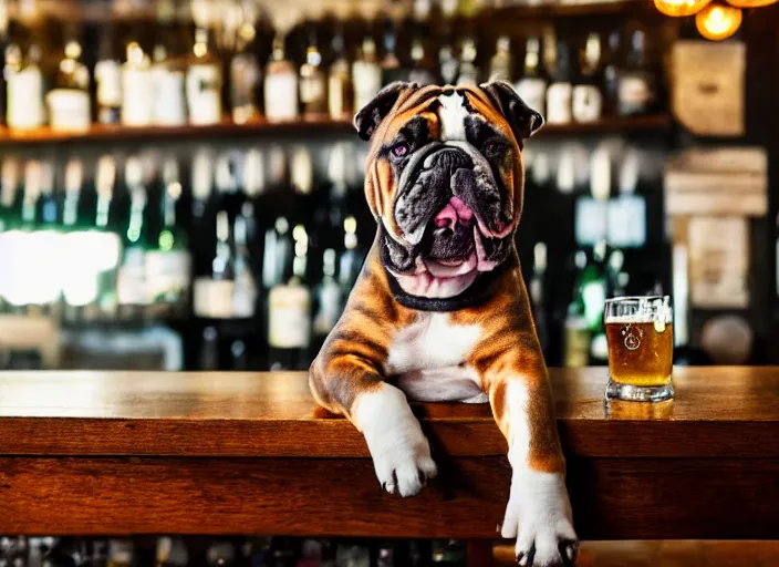 Image similar to a closeup, 4 5 mm, detailed photograph of a english bulldog holding a beer on a bar - stool, sitting at a bar on a bar - stool, beautiful low light, 4 5 mm, by franz lanting