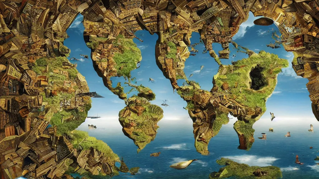 Prompt: surreal world map in the styles of igor morski, jim warren, and rob gonsalves, intricate, robinson projection, accurate geography, volumetric lighting, serene, imaginative