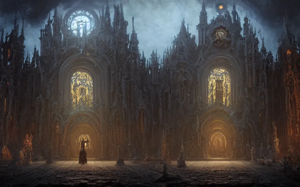 Image similar to center view of an extremely detailed render of hooded necromancer in front of a lovecraft church portal, intricate architecture, baroque detailed, unreal engine realistic render, 8 k, micro detail, design by android jones and greg rutkowski, gaston bussiere, craig mullins, synthwave color scheme, cinematic lighting, trending on artstation, vivid colors