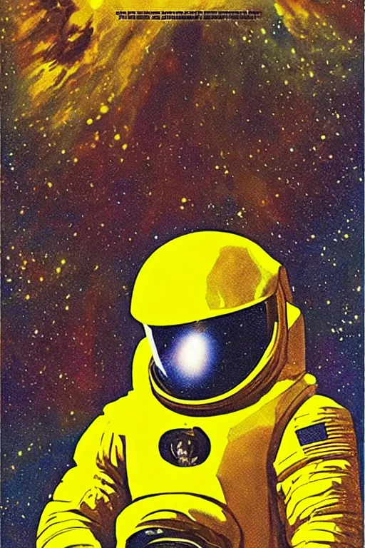 Prompt: poster art, movie poster, retrofuturism, sci - fi, textured, paper texture, 2 0 0 1 : a space odyssey by edward valigursky, yellow space suit, space station