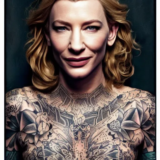 Image similar to full body tattooed cate blanchett,latino, highly detailed, photorealistic, 4k