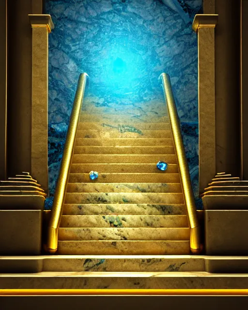 Image similar to scientifically realistic render scifi gold staircase to royal temple carved out of marble skeleton and blue gems and cyan crystal rendered in octane