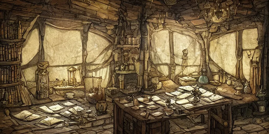 Prompt: a medieval fantasy interior room filled with codex ancient scrolls maps artifacts wooden desk shelves glass flasks and bottles wooden floor, open window at night, dark dank interior, candlelight, warm colors, intricately detailed texture, in the style of hayao miyazaki studio ghibli films