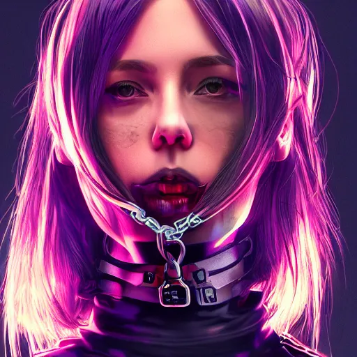 Image similar to headshot artwork of cyberpunk woman wearing thick black choker, collar on neck, realistic, artstation, neon,