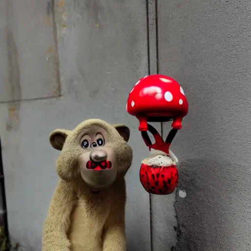 Image similar to chilled kong with red headphones on holding a amanita muscaria made by banksy