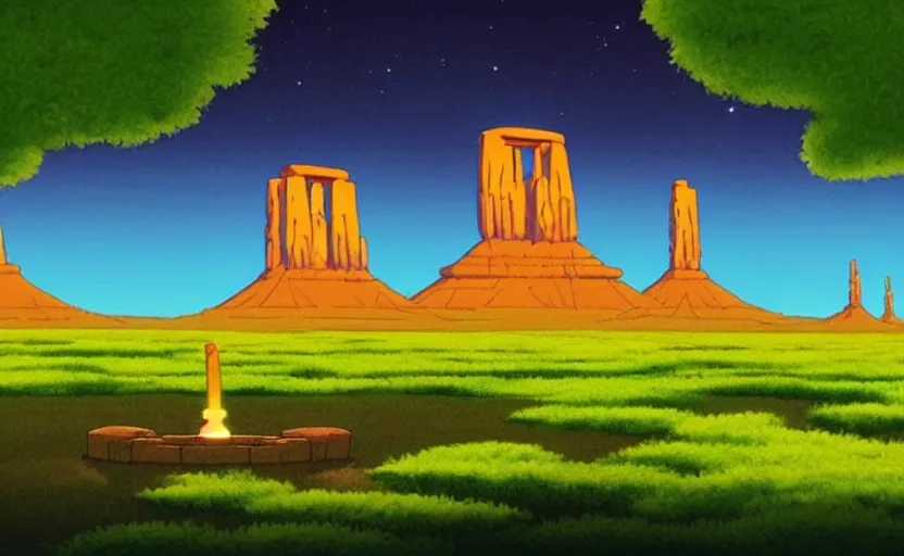 Image similar to a cell - shaded studio ghibli concept art from paprika ( 2 0 0 6 ) of a ufo shining a spotlight on a lush temple that looks like monument valley stonehenge jungle on a misty starry night. very dull colors, hd, 4 k, hq