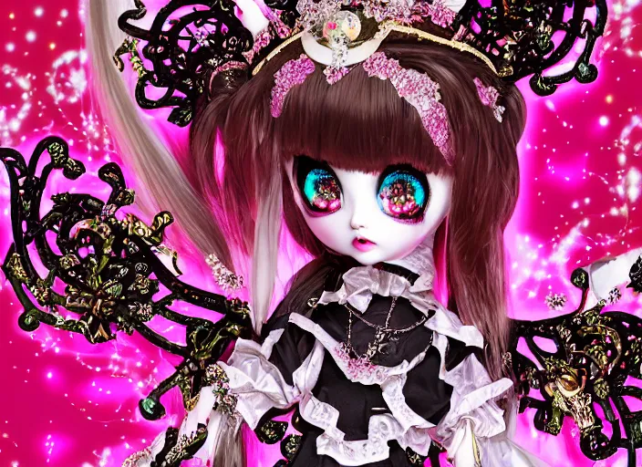 Image similar to baroque bedazzled gothic royalty frames surrounding a pixelsort emo demonic horrorcore japanese beautiful fairy kei doll, sharpened early computer graphics, remastered chromatic aberration