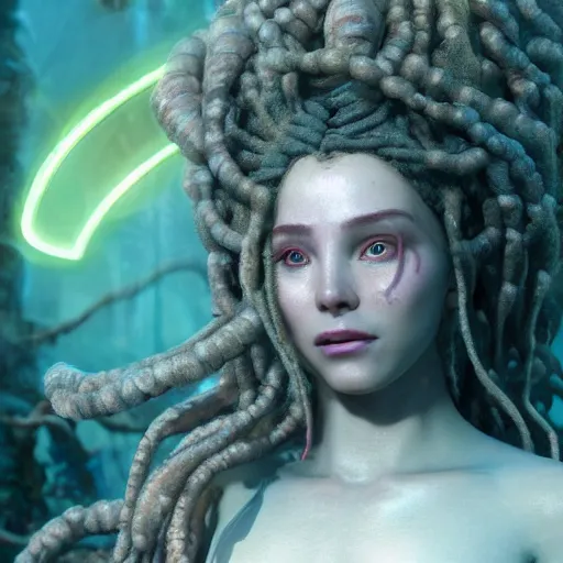 Prompt: unreal engine, octane render, 8 k techno mystic goddess princess intergalactica, with aqua neon rapunzel dreadlocks, mami wata, detailed, by gaston bussiere, bayard wu, greg rutkowski, h. r. giger, greg rutkowski, masterpiece, sharp focus,