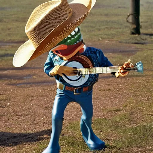 Image similar to an alligator playing a banjo and wearing a cowboy hat, vintage Disney